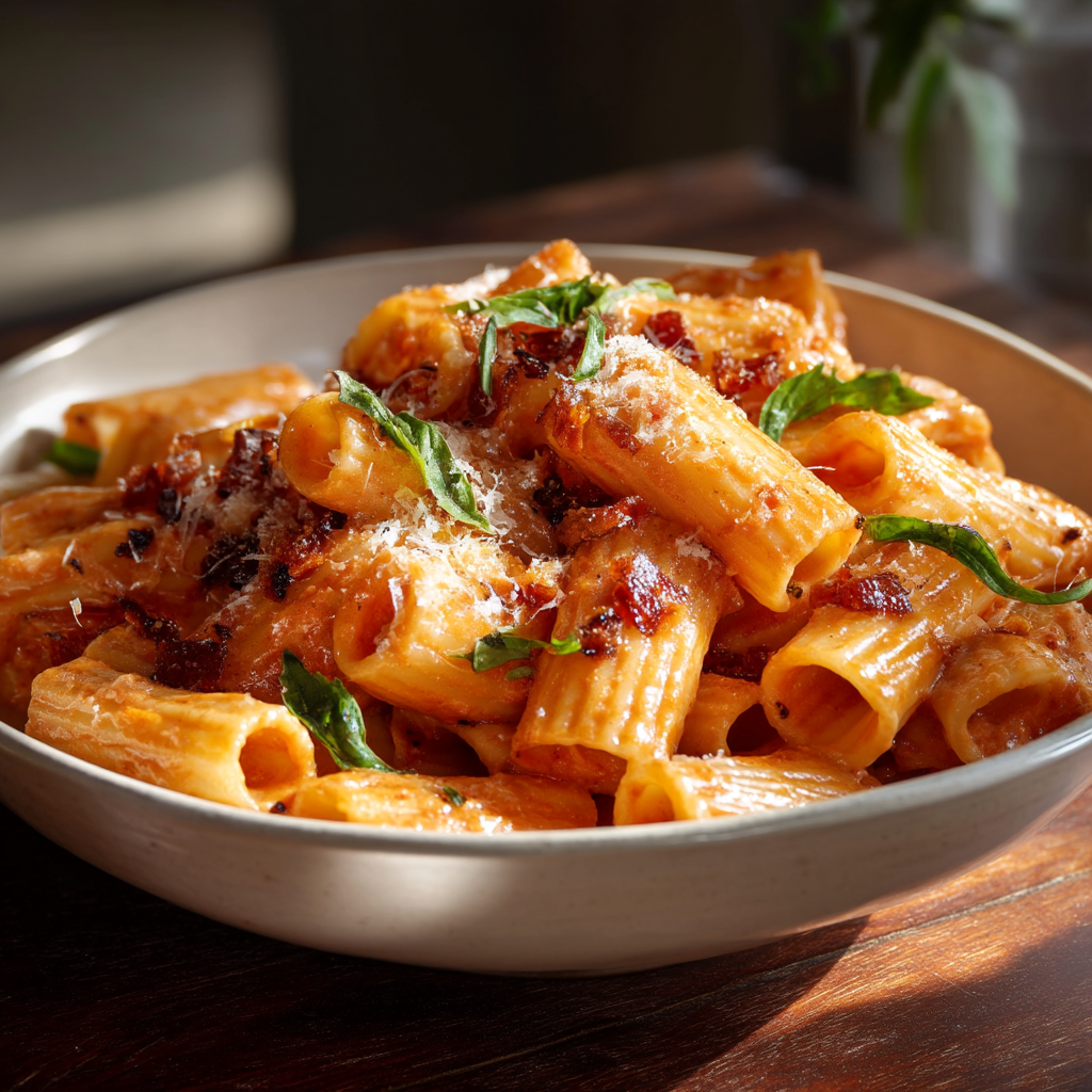 Easy Italian pasta with creamy tomato sauce, crispy pancetta, and Parmigiano in white bowl on rustic wood table.