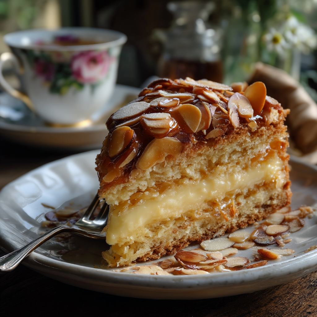 German Bienenstich slice with honey-almond topping and vanilla custard filling, served on white plate for afternoon tea.