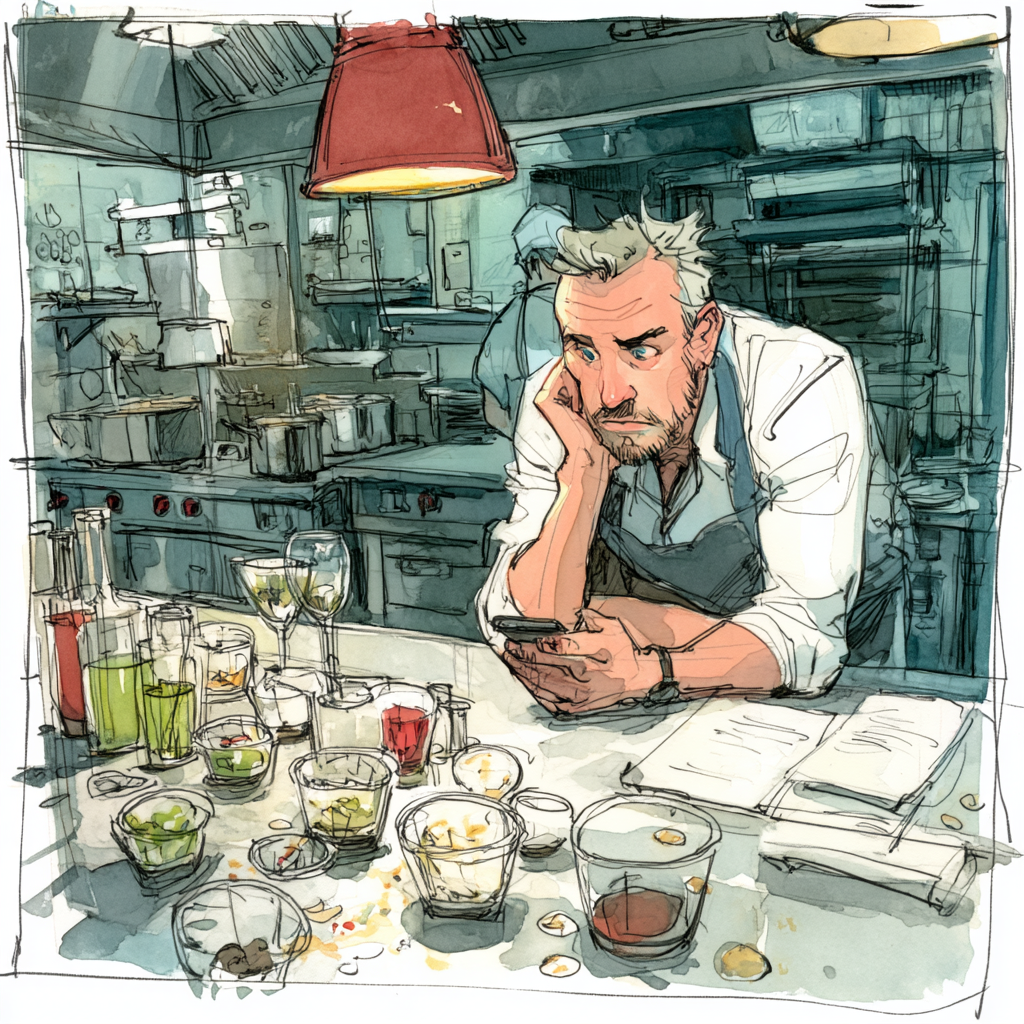 Late service plate of emotionally designed comfort food under harsh pass lights, instagram food culture eating the corners.