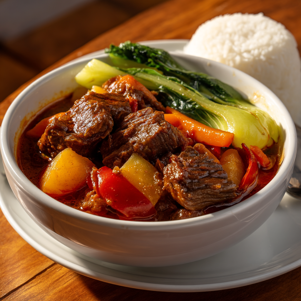 Kapampangan beef stew with tender braised beef, potatoes, carrots, and vegetables in rich tomato sauce served with rice