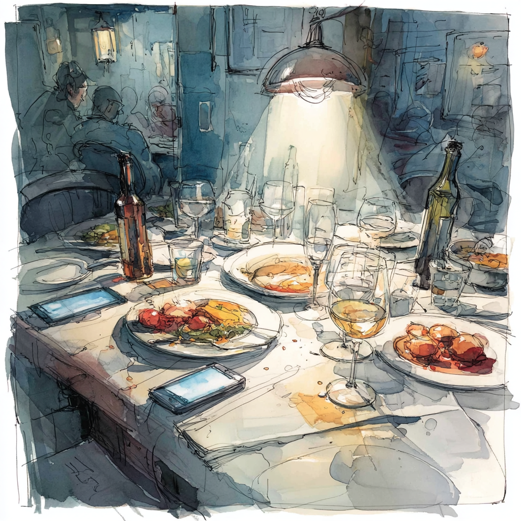 Crowded table where phone eats first while emotionally designed comfort food cools untouched in front of tired friends.
