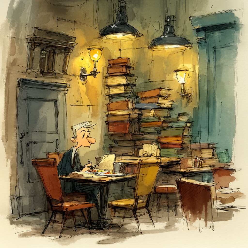 Owner studies a report over emotionally designed comfort food as restaurant profitability lags in a crowded dining room.