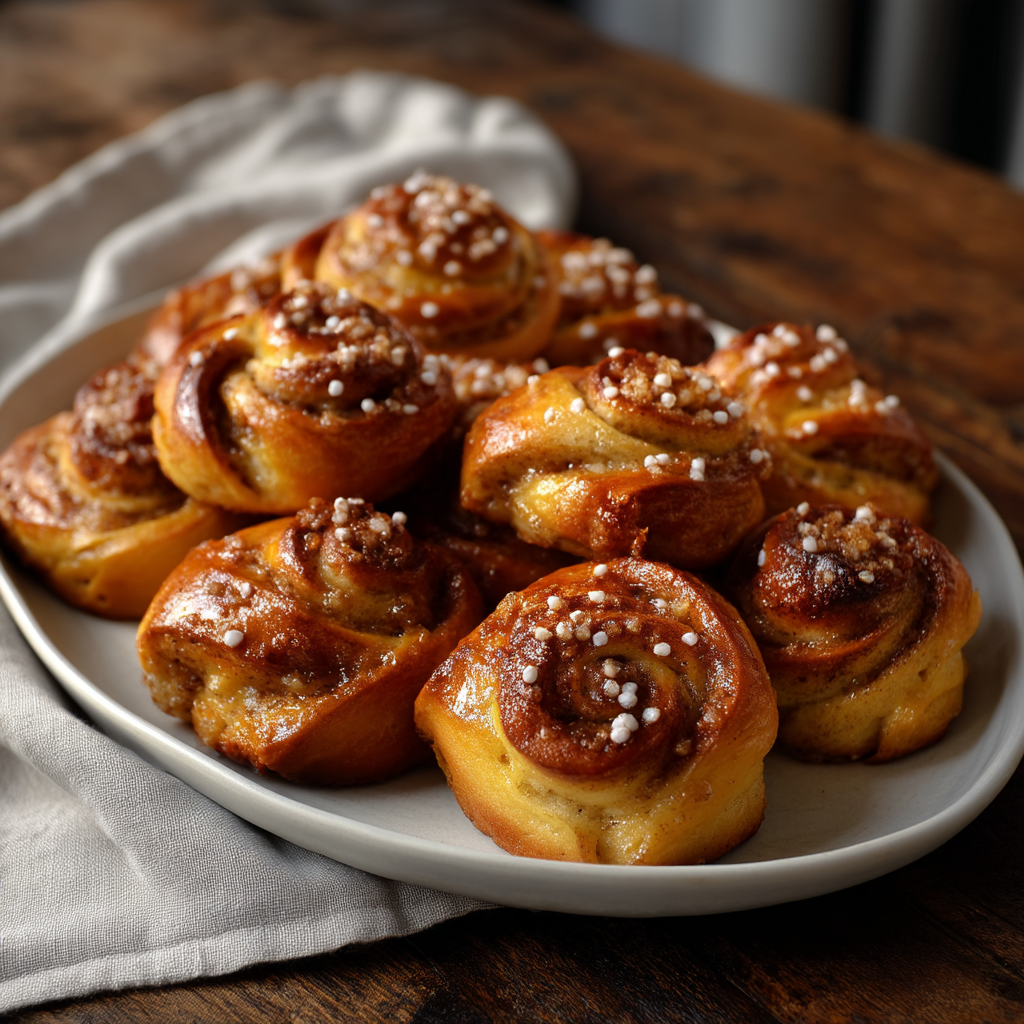 Swedish cinnamon buns with pearl sugar topping arranged on white plate, showing golden spiral layers and cardamom-spiced dough