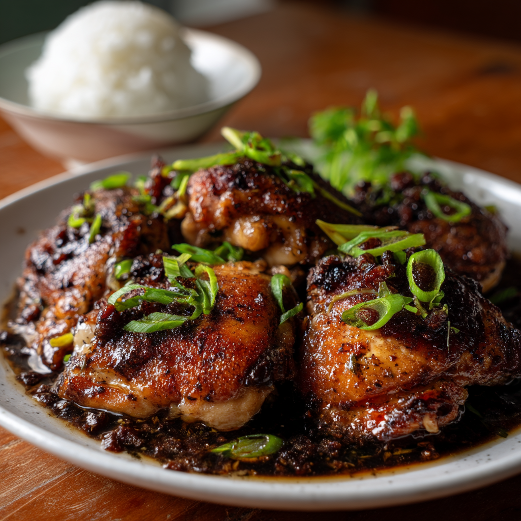Crispy chicken thighs coated in glossy black bean garlic sauce, garnished with spring onions on a white plate.