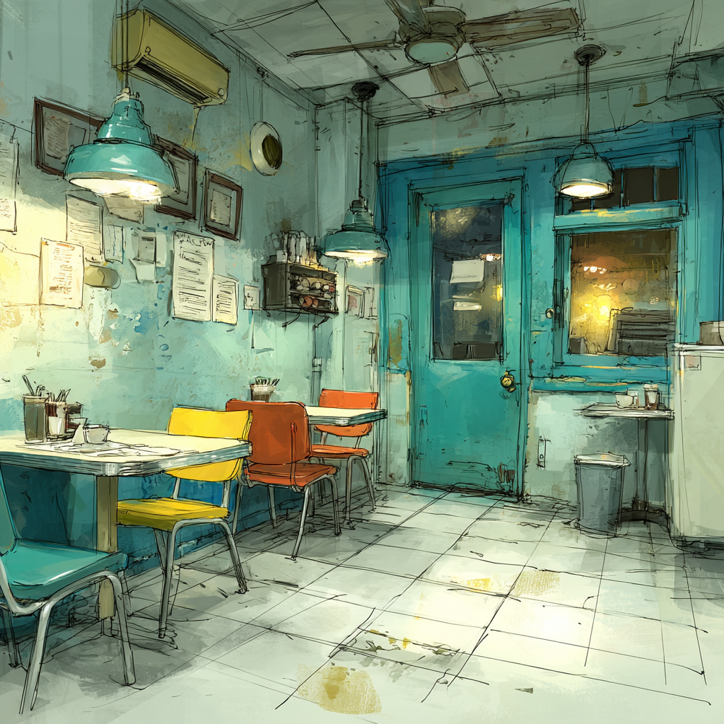 AI in restaurants: empty dining room, balance sheets, flickering light, emotionally designed comfort food.