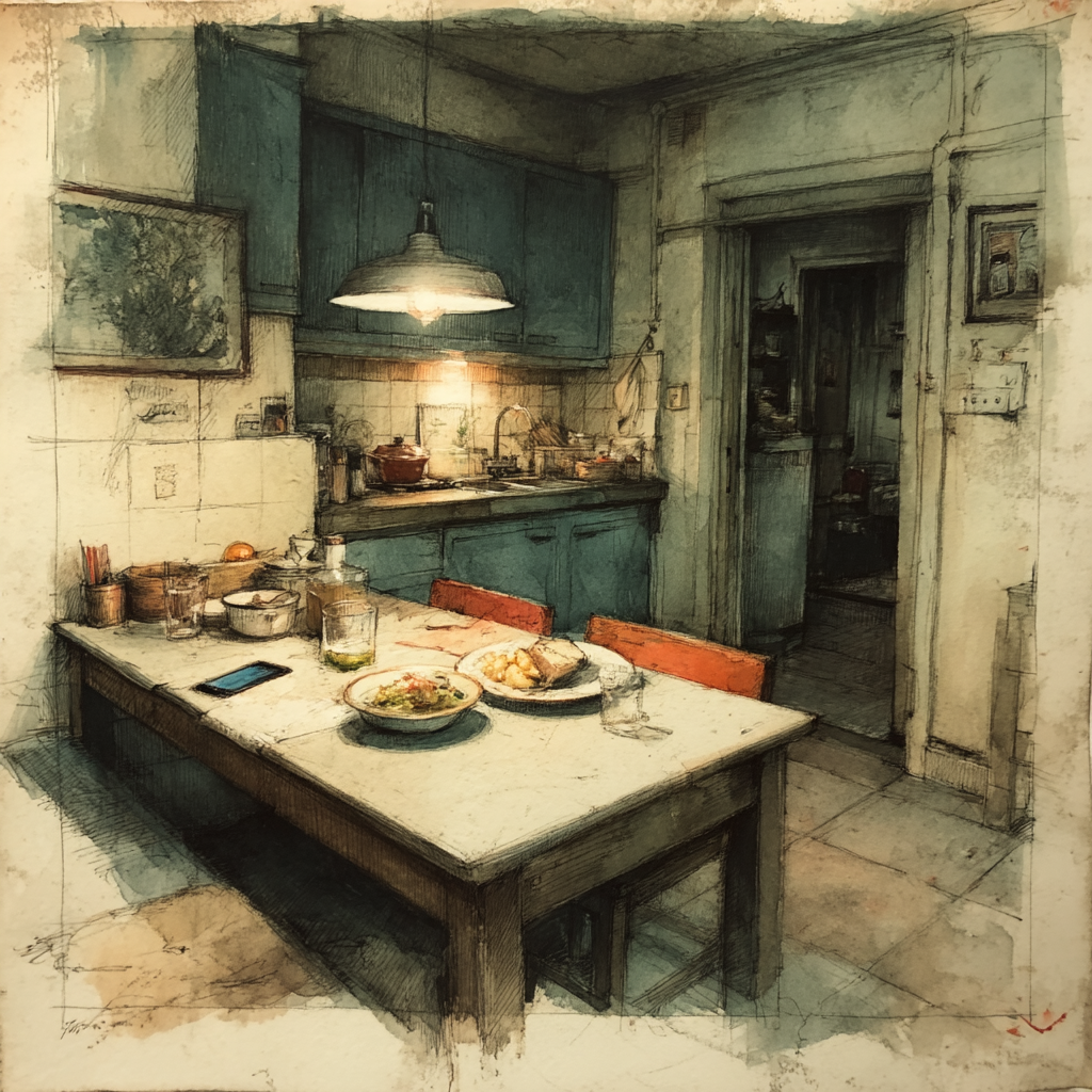 emotionally designed comfort food on a chipped plate, family dinner conversation muted by phone glow