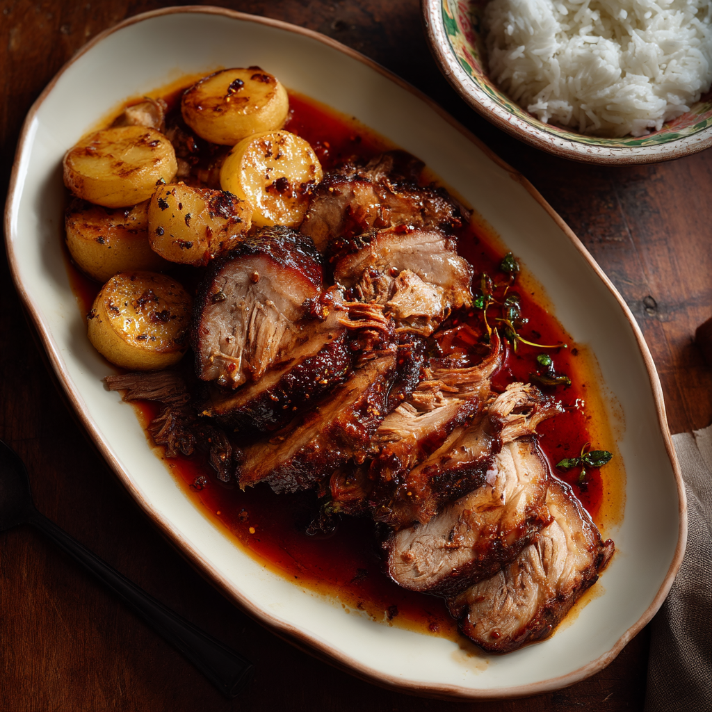 Kapampangan pork asado with mahogany-brown braised pork slices in rust-red tomato-liver sauce, served with golden fried potatoes on ceramic platterKapampangan pork asado with mahogany-brown braised pork slices in rust-red tomato-liver sauce, served with golden fried potatoes on ceramic platter