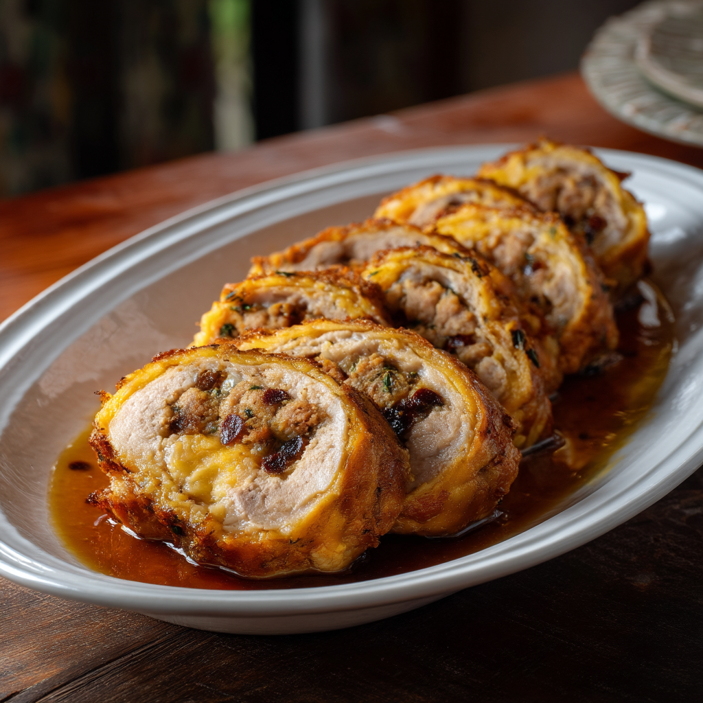 Sliced Kapampangan morcon with crispy caul fat wrapper, showing chorizo, raisins, and cheese in the ground pork filling.