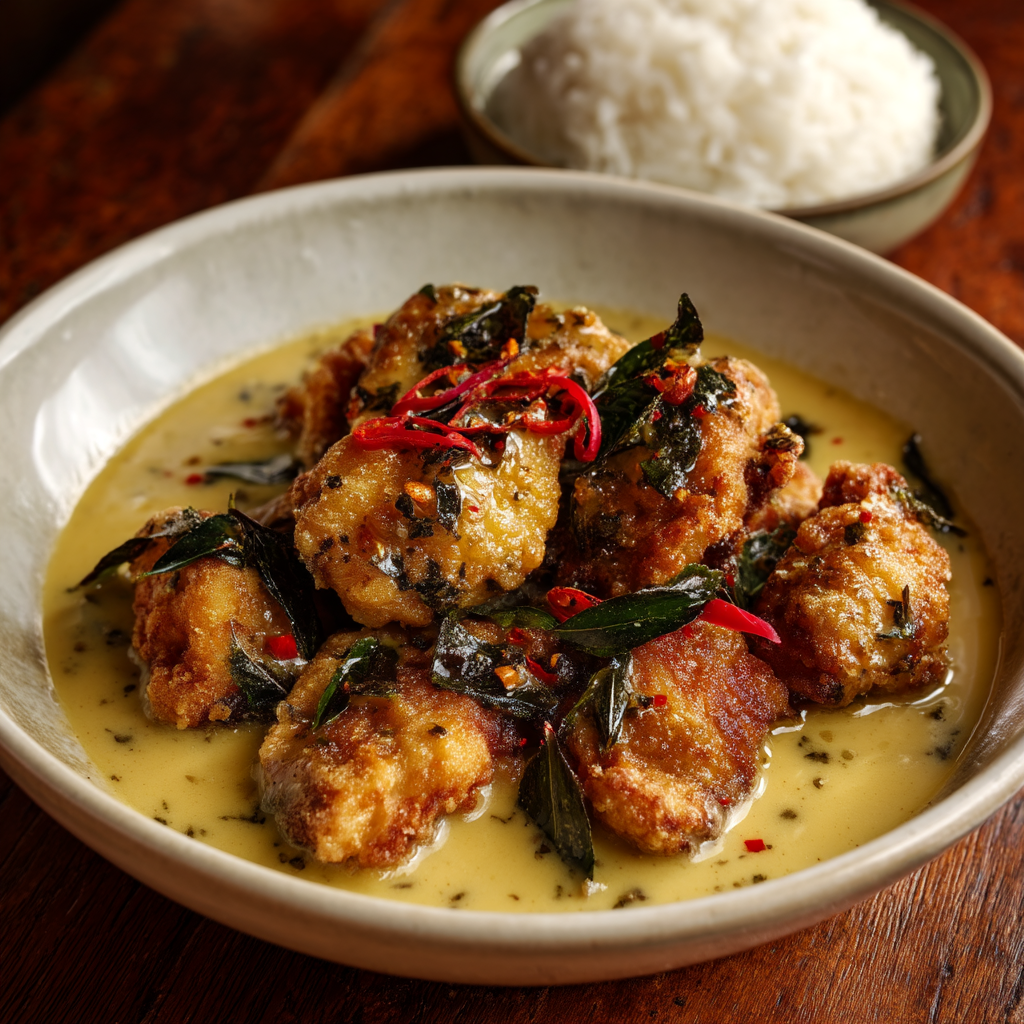 Malaysian butter chicken with crispy golden pieces in creamy curry leaf sauce, garnished with chilies, served with rice.