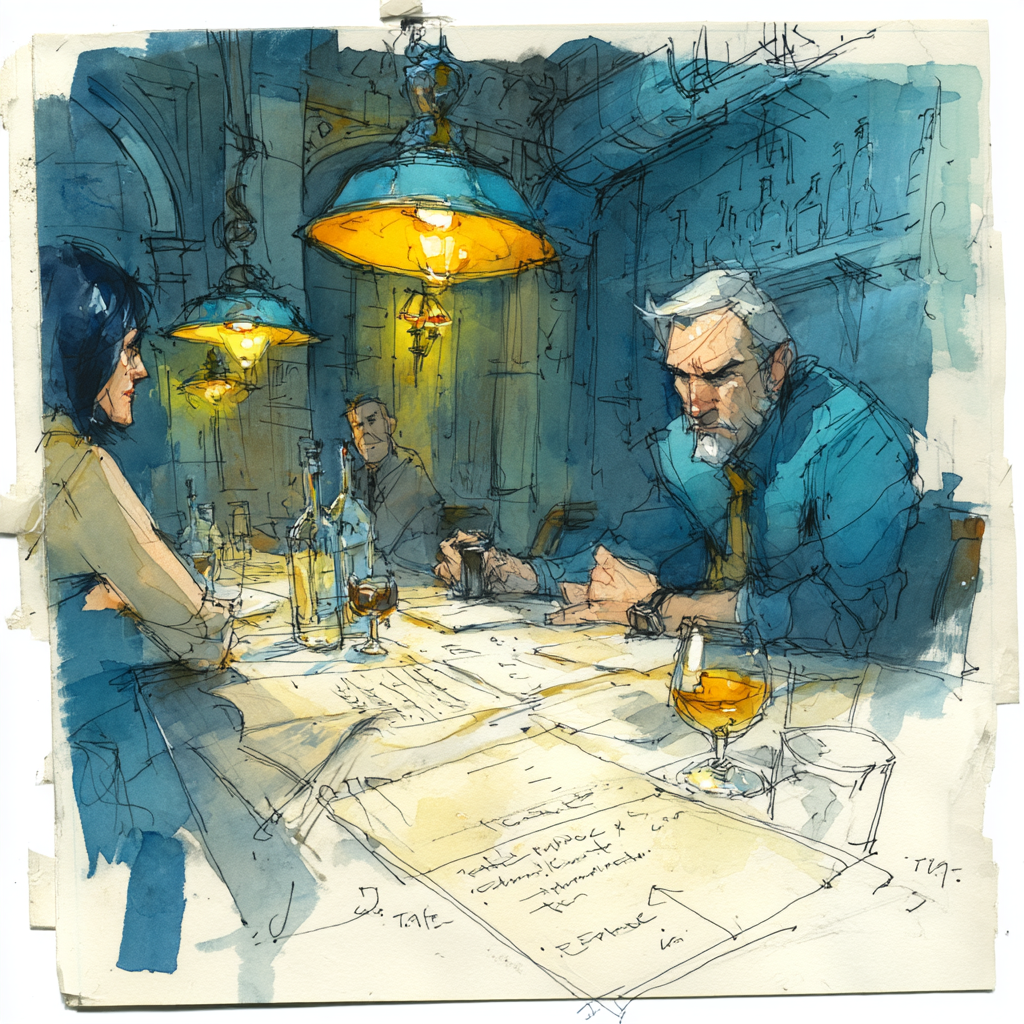 Leaders review restaurant staffing strategy over balance sheets and emotionally designed comfort food before a tense service.