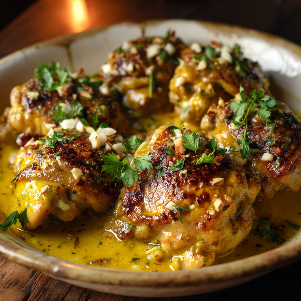 Spanish chicken almond sauce with braised thighs, golden saffron coating, chopped egg whites, and fresh parsley in rustic dish.