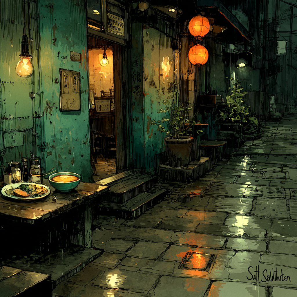 Rainy Sydney laneway meal that ignores the recommendation algorithm, emotionally designed comfort food.