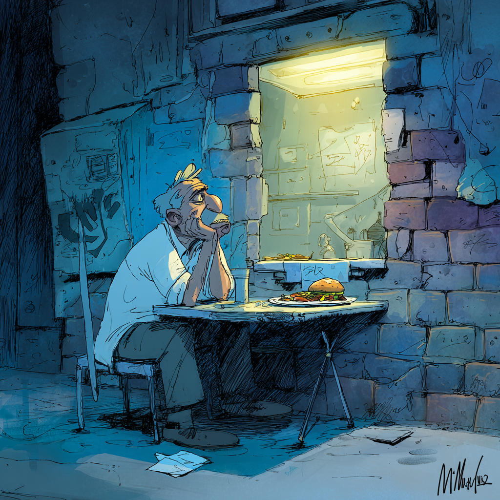 Greasy kebab half-eaten on plastic table under flickering light. Emotionally designed comfort food.