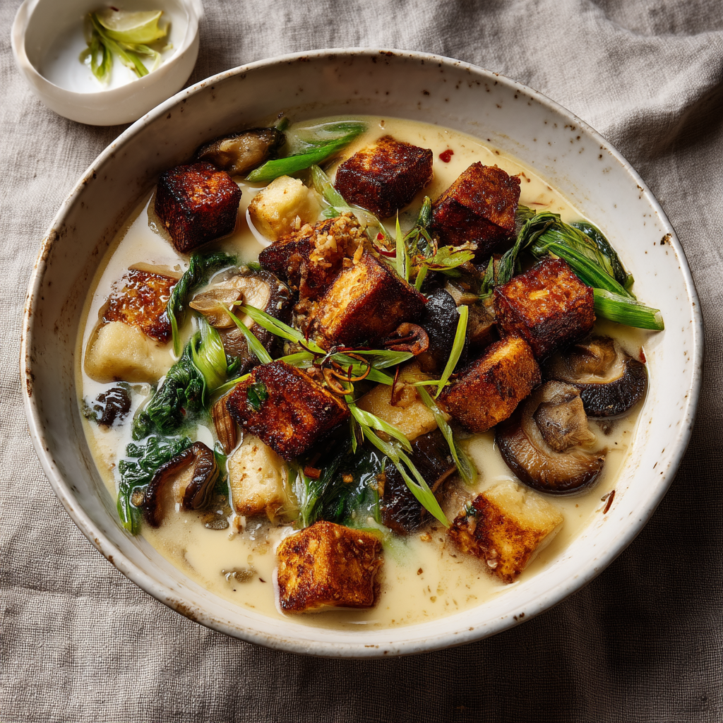 Vegetarian Kapampangan comfort food with tofu, mushrooms, vegetables in coconut-guava broth