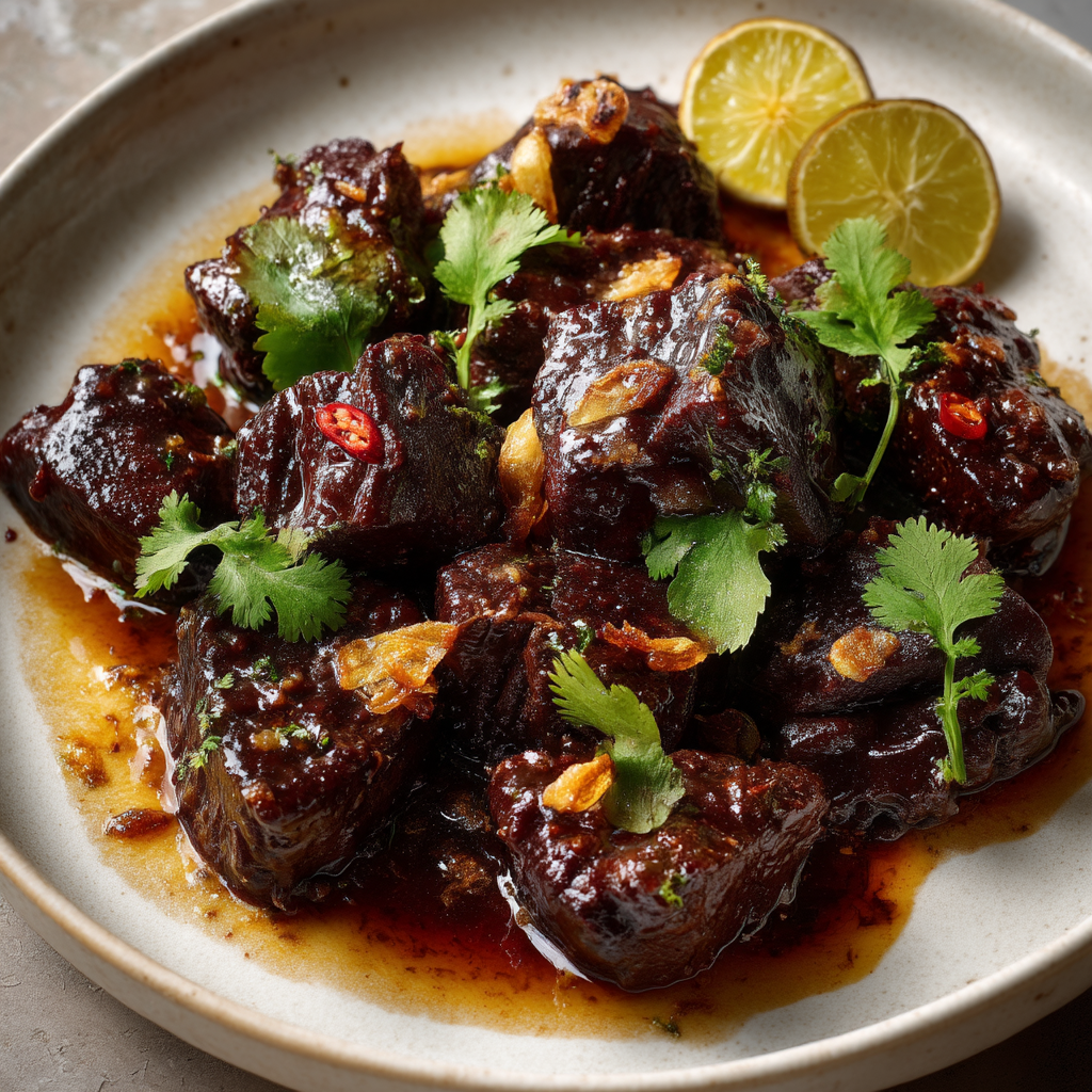 Mindanao beef rendang with charred coconut and wild ginger, tender braised beef in thick concentrated sauce, garnished with cilantro and fried shallots on white platter.