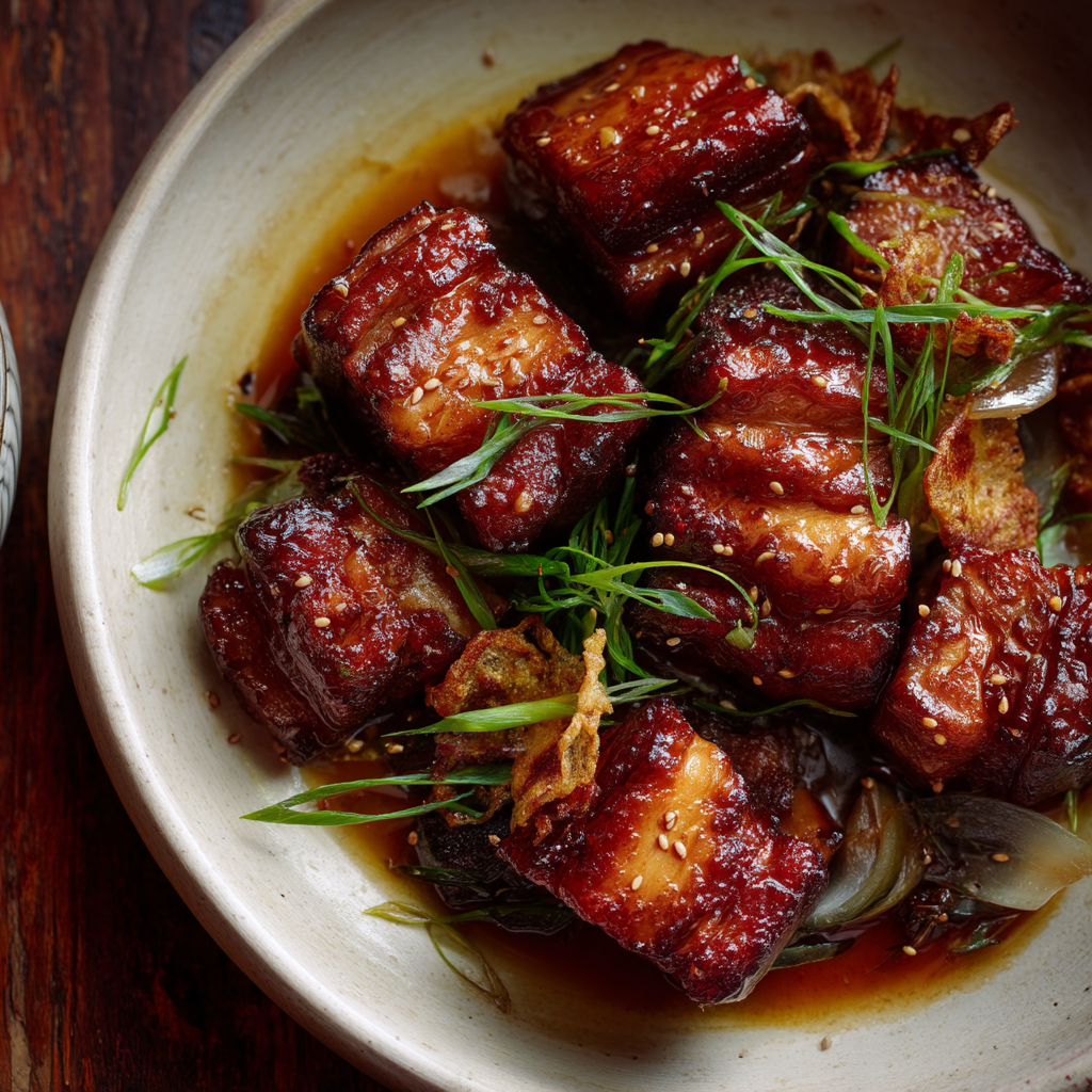 Korean braised pork belly with ginger-soy glaze topped with crispy garlic chips and sesame seeds in cream ceramic dish by Chef Rob Angeles.
