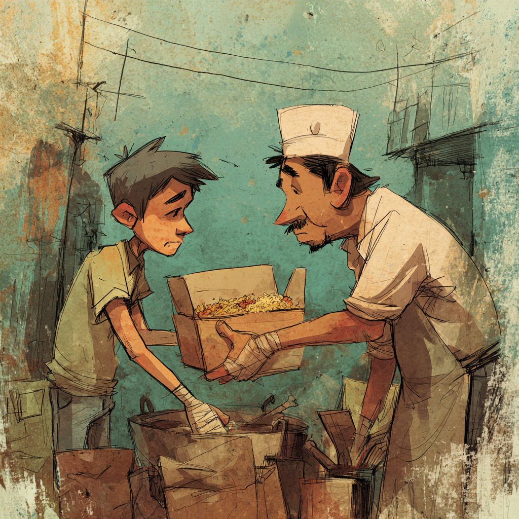 Line cook with taped elbow handing off crew rice in alley after shift, by Chef Rob Angeles