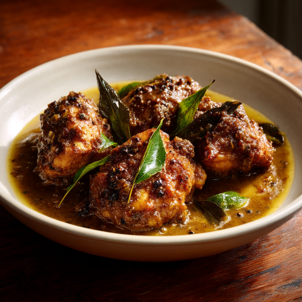Bowl of south indian pepper chicken curry with curry leaves, rich coconut gravy and pepper oil puddles, by Chef Rob Angeles.