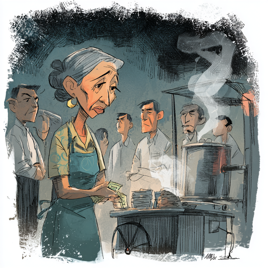 Street food vendor working a two-burner cart at dawn, cash folded into apron, line forming behind her — by Chef Rob Angeles