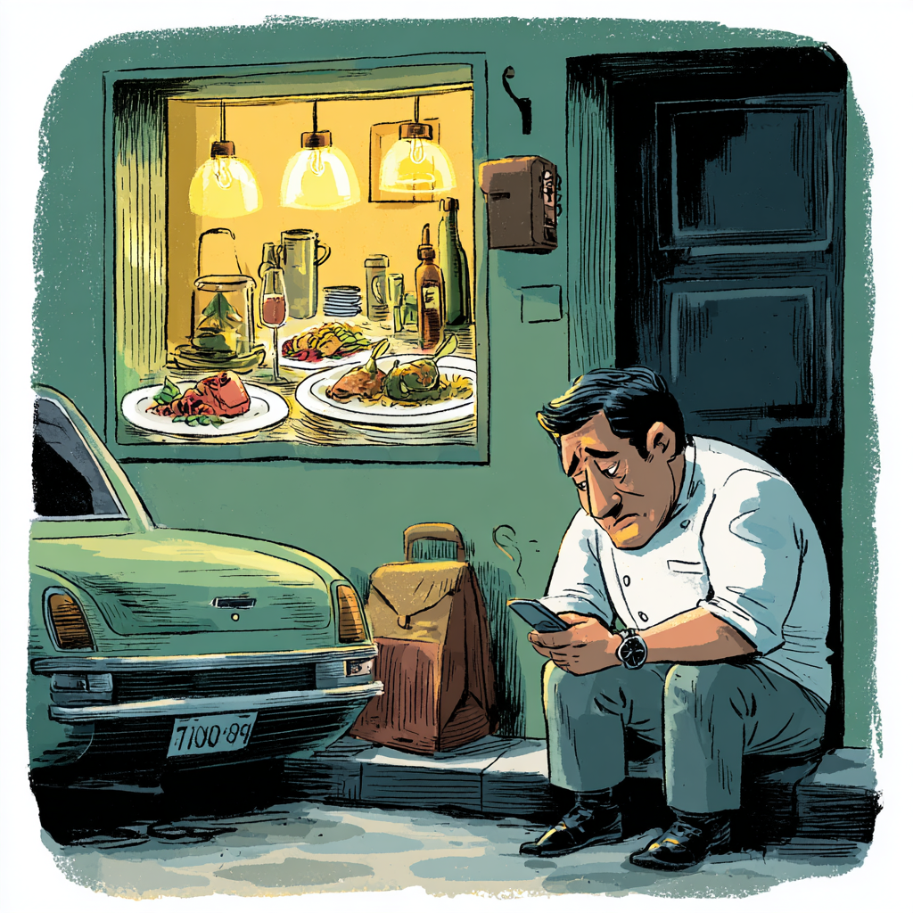 Line cook checking phone outside Brooklyn restaurant at midnight after shift by Chef Rob Angeles